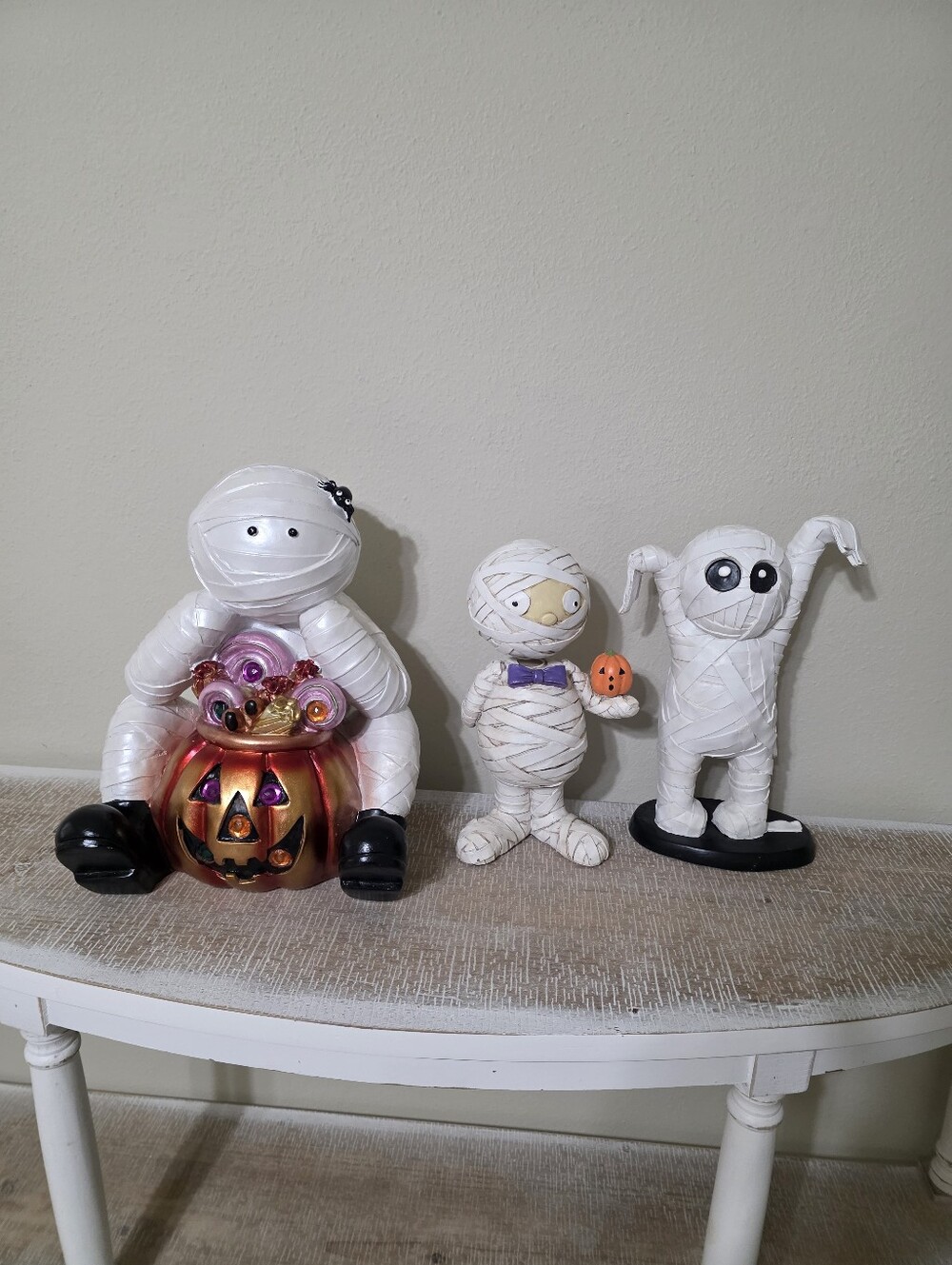 White Mummy Halloween Figurine Trio with Pumpkin
